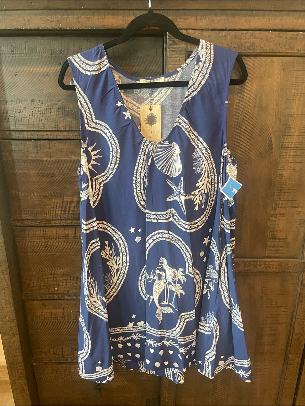 Navy Nautical Shell-Print Sleeveless Swim Coverup Dress